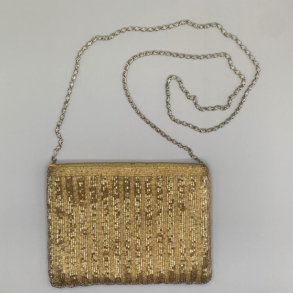 Vintage Magid Gold Beaded Evening Bag Chain Strap Handmade In Macau